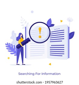 Person looking at text through magnifying glass with exclamation mark inside. Concept of search for information, data investigation, user guide reading. Modern flat colorful vector illustration.