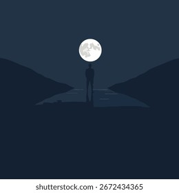 Person, die ihr Spiegelbild in dunklem Wasser unter einem Mond betrachtet