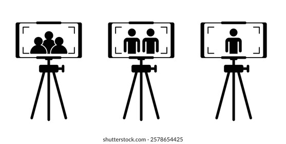 Person looking through lens the photo camera. Photographer take pictures, snapshot with camera. Three legged cameras. Photography shooting logo. For tourism, travel and holiday. Portrait or selfie.