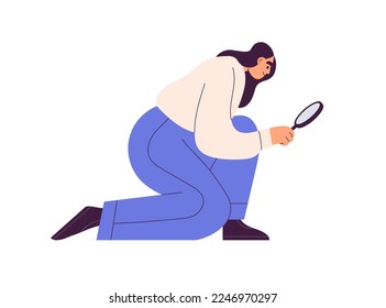 Person looking through magnifying glass, lens. Woman searching information, job, idea, opportunity. Analysis, finding answer, inspection concept. Flat vector illustration isolated on white background