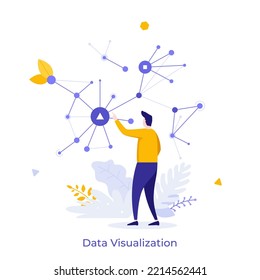 Person looking at tree diagram or scheme with connected elements. Concept of business data visualization, information representation, system or network. Modern flat vector illustration for banner.