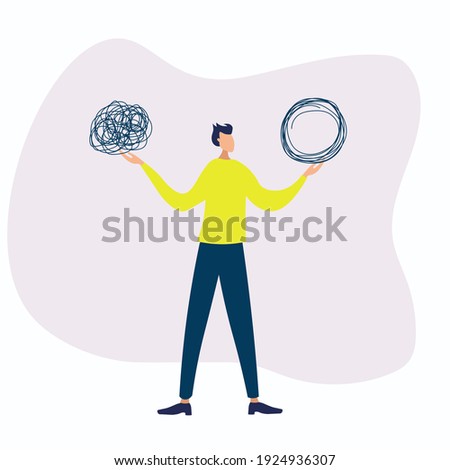 The person is looking for a way out of the problem. Different kinds of tangled lines. Search for a way out, confusion of thoughts, search for a way out of the current situation, vector