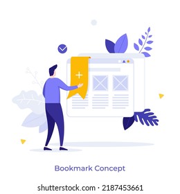 Persona mirando la página web en las ventanas del navegador con marcador. Concepto de organización de sitios web, administración en línea de las páginas favoritas de Internet. Ilustración vectorial plana colorida moderna para afiche, pancarta.