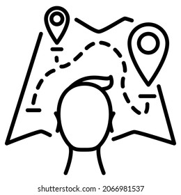 A person looks at a map with marks. A map with a route laid out. Vector icon, outline, isolated. Editable stroke.