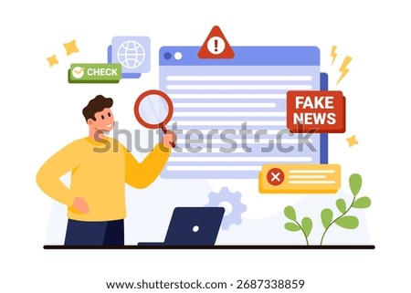 A person looks at a screen with warnings about fake news, highlighting the need for digital literacy and the responsibility to engage thoughtfully with media in todays information age