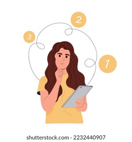 A person looks at the sequence of his affairs and tasks. A young pensive girl makes a to-do list, agenda, strategy steps. Schedule concept. Vector illustration.