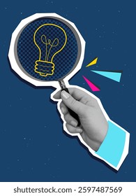 A person looks through a magnifying glass at light bulb. Modern collage style. Vector illustration