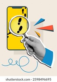 A person looks through a magnifying glass at footprints on a phone screen. Digital footprint. Modern photo collage style. Vector illustration