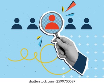 A person looks through a magnifying glass at one icon of a person from a row. Personnel search concept. Modern collage style. Vector illustration