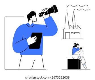 La persona mira a través del telescopio mientras sostiene una tableta, otra persona sentada con una tableta cerca del edificio de la fábrica. Ideal para planificación, estrategia, industria, crecimiento de negocios, previsión de futuro, trabajo en equipo