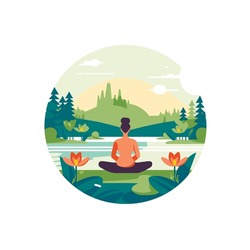 Persona En Lotus Pose Sentada Junto A Un Sereno Lago. Ilustración Del Vector