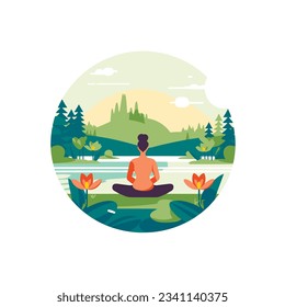 Person in Lotus Pose seated by a serene lake. Vector illustration