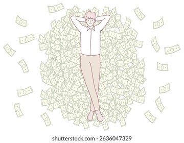 A person lounging blissfully amid towering stacks of money, symbolizing luxury, prosperity, and financial success