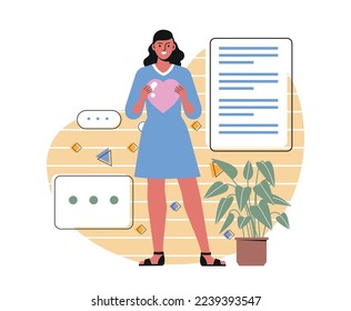 Person in love concept. Charity and donation. Young volunteer girl holds heart, shares positive feelings or emotions and helps people in need. Kind smiling character. Cartoon flat vector illustration