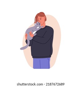 Person loves cat, hugging. Happy pet owner holding cute kitty in hands portrait. Adult adopting kitten, feline animal friend. Flat graphic vector illustration isolated on white background