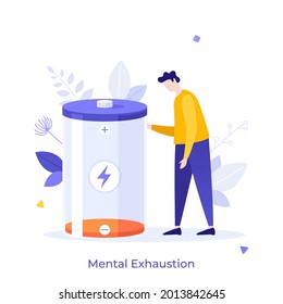 Person And Low Battery Charge. Concept Of Mental Exhaustion, Occupational Burnout, Chronic Fatigue Syndrome, Emotional Depletion, Physical Tiredness, Weakness. Flat Vector Illustration For Banner.