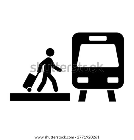 Person with luggage walking beside train, transportation symbol, travel icon, public transit