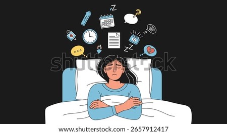 Person Lying Awake in Bed Surrounded by Overlapping Thoughts and Worries Disrupting Sleep
