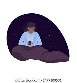 Persona acostada en la cama con un teléfono inteligente, relajándose y navegando por la noche. Concepto de tecnología, relajación y hábitos de Ilustración vectorial a la hora de acostarse.
