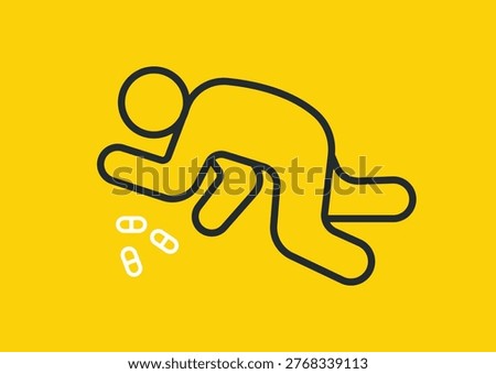Person lying down pill scatered, drug overdose medical addiction, icon style illustration