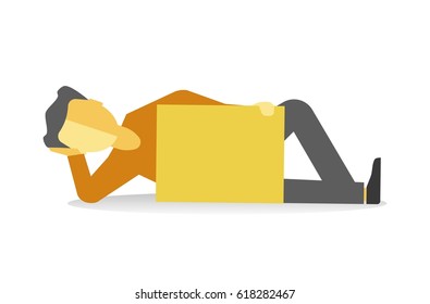 Person lying with empty banner isolated on white. Vector illustration