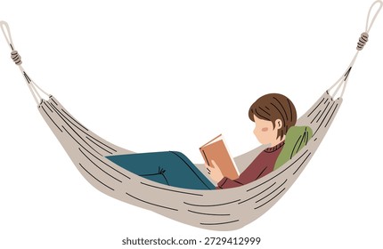 Una persona está acostada en una hamaca y leyendo un libro, disfrutando de un momento de ocio y relajación.