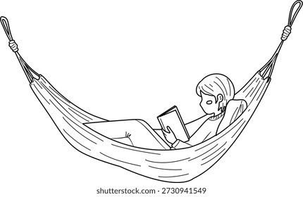 Una persona está acostada en una hamaca y leyendo un libro disfrutando del tiempo libre