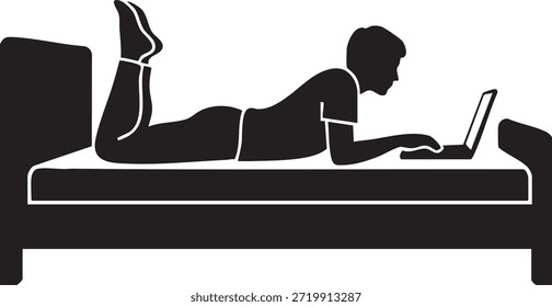 Persona acostada en la cama que trabaja en siluetas de la silueta del ordenador portátil aisladas en el fondo blanco