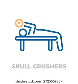 Person lying on a bench lifting weights, illustrating the skull crushers triceps exercise. Fitness and gym workout concept. Vector thin line icon illustration with editable stroke