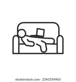 A person lying on a couch with a laptop, linear icon. Idleness, idle lying, laziness. Line with editable stroke