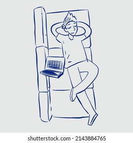 Person lying on the couch. Work at home. Top view. Vector graphics.