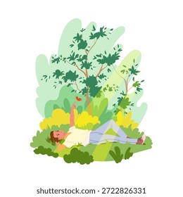 Person lying on grass enjoying peaceful outdoor environment with butterfly and lush greenery vector illustration