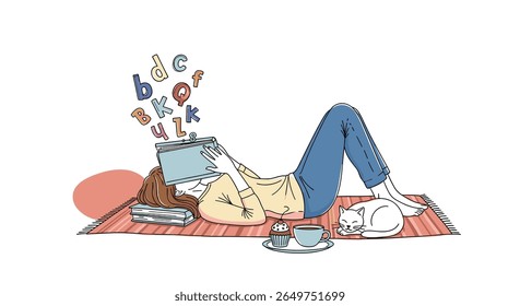 A person is lying on the ground reading a book with letters coming out of the book and a cat next to them on a blanket