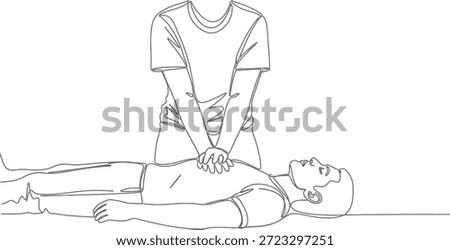 A person is lying on the ground while another person kneels beside them, performing CPR by applying chest compressions. The rescuer is depicted in a simple line drawing, emphasizing the action being taken to save the person's life.