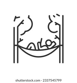 Person lying on a hammock, linear icon. The hammock is stretched between the trees. Resting. Line with editable stroke