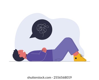 A person lying on his back, looking frustrated, his head full of tangled lines indicating he is having trouble or stress, vector illustration of health problems.