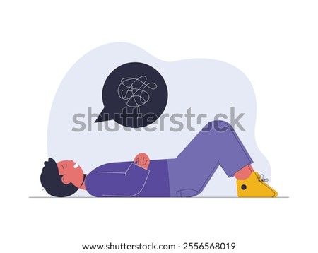 A person lying on his back, looking frustrated, his head full of tangled lines indicating he is having trouble or stress, vector illustration of health problems.