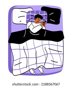 Person lying under blanket. Smiling man lies on comfortable bed and soft pillow and holds smartphone. Time to sleep or wake up. Relaxation and rest. Cartoon flat vector illustration in doodle style