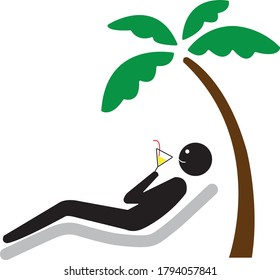 Person lying under the palm tree and drinking the cocktail vector icon isolated