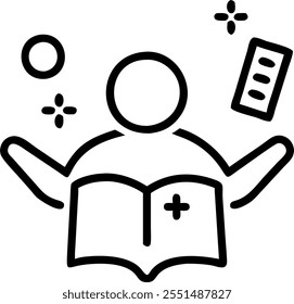 Person with Magic Book and Floating Learning Icons concept as A person holding a magic book with floating learning icons set against a blank background offering space for text or g