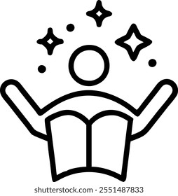 Person with Magic Book and Floating Learning Icons concept as A person holding a magic book with floating learning icons set against a blank background offering space for text or g