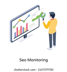 A person with magnifier and chart, an isometric icon of Seo Monitoring 

