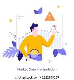 Person with magnifier moving chart with finger. Concept of stock exchange market data manipulation, artificial inflation or deflation of price. Modern flat vector illustration for poster, banner.