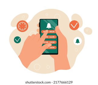 Person make appointment. Character on smartphone puts mark on certain date and time. Mobile application for planning and scheduling. Time management concept. Cartoon flat vector illustration