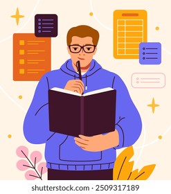 Faça anotações. Homem com diário e caderno. Planejamento e programação, organização de trabalho eficiente e processo de estudo. Gerenciamento de tempo. Funcionário produtivo com lista de tarefas pendentes. Ilustração de vetor plano