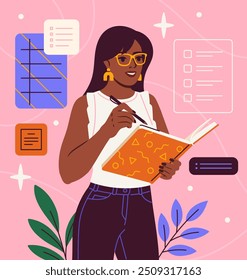 La persona toma notas. Mujer con diario y cuaderno. Organización de un proceso de trabajo y estudio eficiente. Gestión del tiempo y recordatorios. Niña empleada hace horario para la productividad. Ilustración vectorial plana