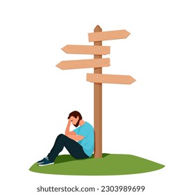 A person makes a decision next to a pointer.  Choice of direction options and risk assessment. Vector illustration.