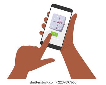Person makes order in online store. Hands hold cell phone. Online gift order on screenshot. Online shopping. Vector flat illustration. Internet shop, customer service, Smartphone apps concept.