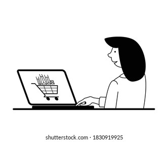 A person makes a purchase without leaving home in an Internet store. Online shopping - convenient, fast, high quality. Banner in the style of contour flat illustration.