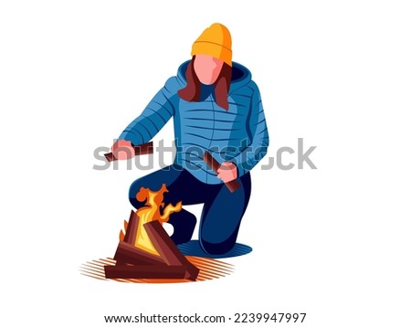 Person making a campfire, illustration. Vector.